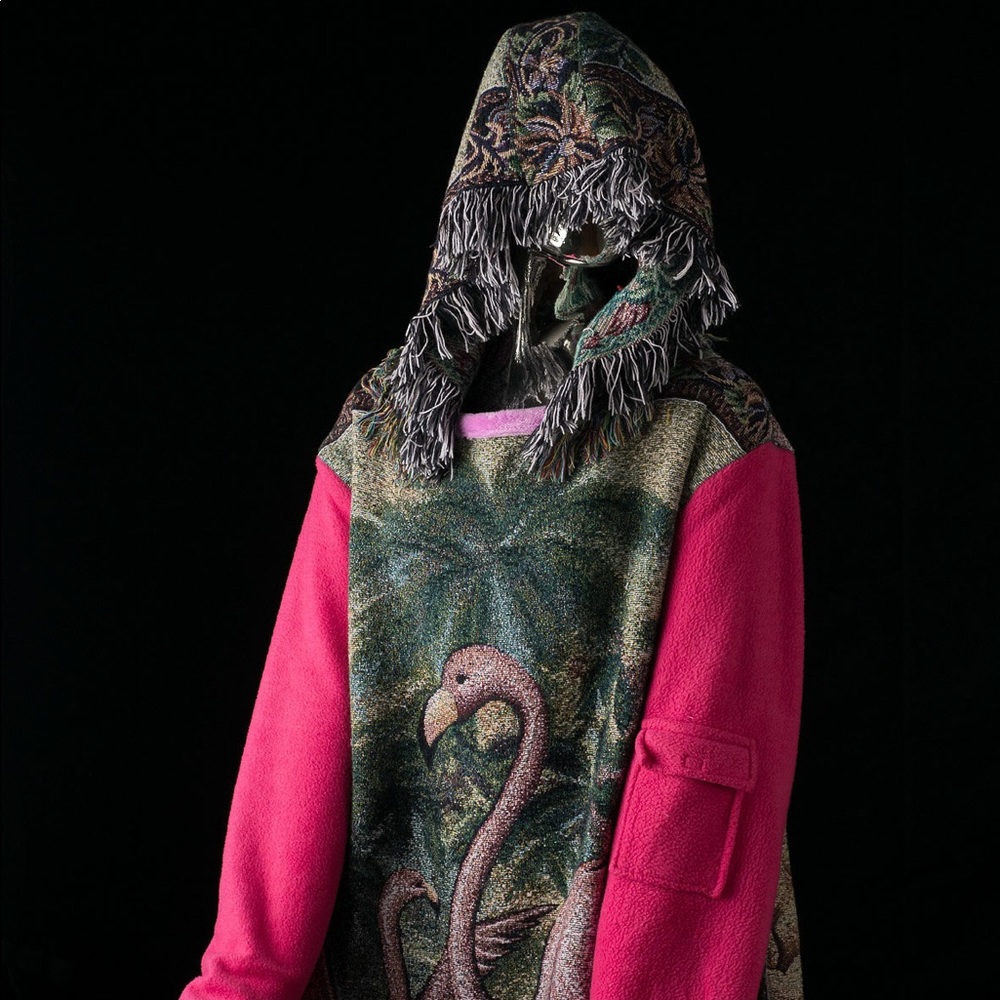 Blanket hoodie vintage upcycle large comfy pull over flamingos w/ fleece packets